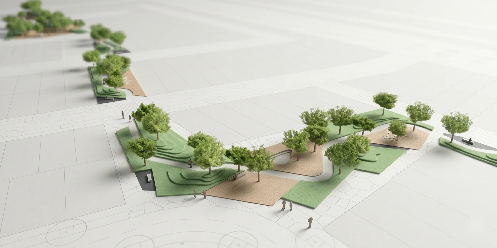 Render de un espacio público con olivar: caminos, zonas verdes y arbolado en una trama urbana