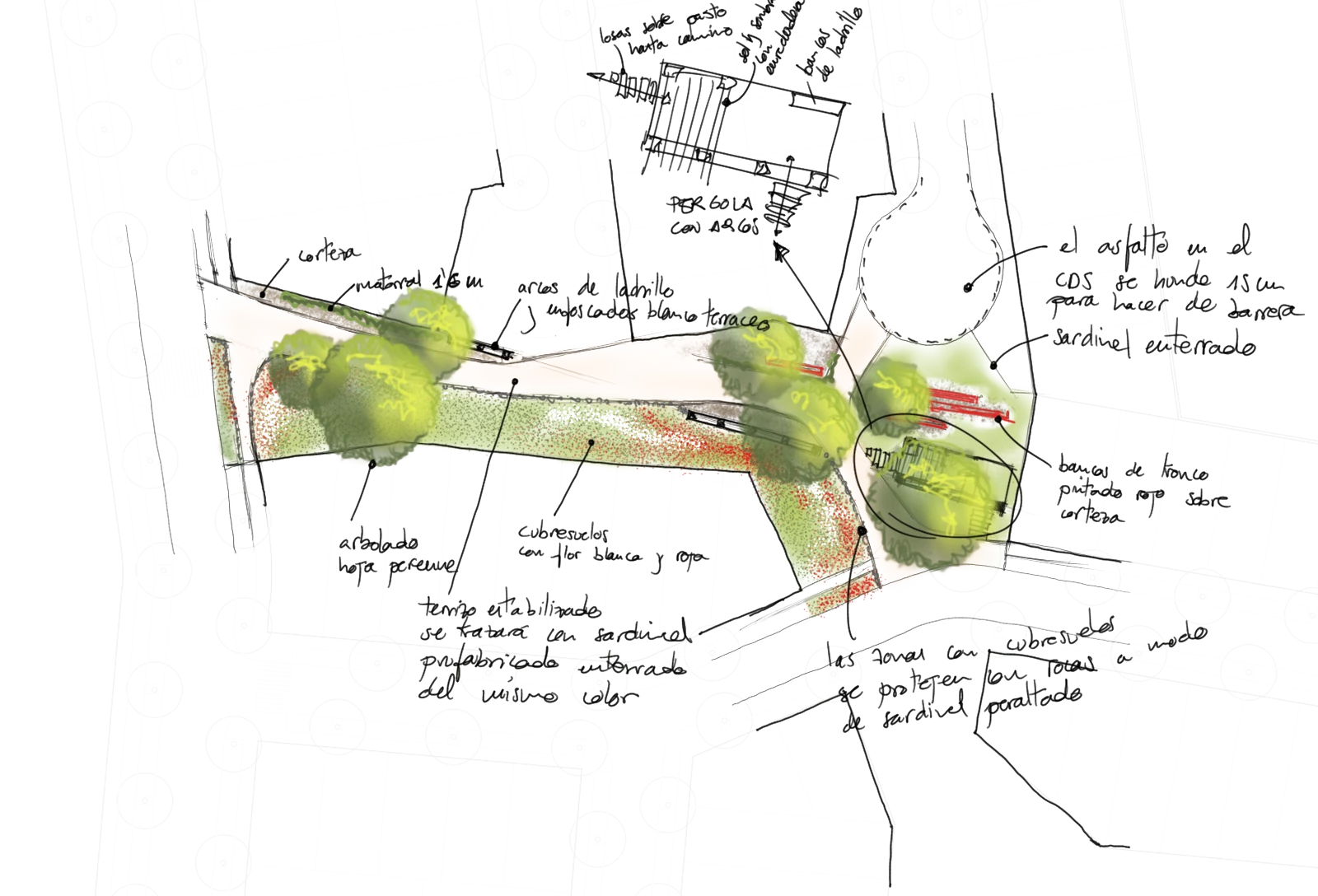 Hand-drawn sketch of the El Haras park design